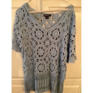 Roamans Open Knit Crochet Top Sz M 14/16 Blue 3/4 Sleeve